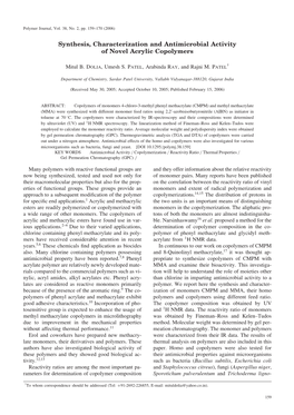 Synthesis, Characterization and Antimicrobial Activity of Novel Acrylic Copolymers