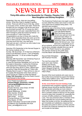 NEWSLETTER Thirty-Fifth Edition of the Newsletter For: Pleasley, Pleasley Vale New Houghton and Stoney Houghton