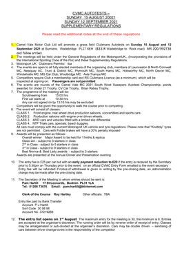 Cvmc Autotests – Sunday 15 August 20021 Sunday 12 September 2021 Supplementary Regulations