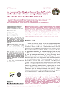 An Inventory of the Chiropteran Fauna of Himachal Pradesh, Northwestern India with Some Ecological Observations