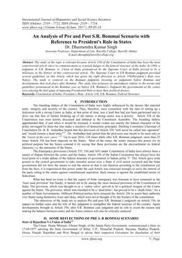 An Analysis of Pre and Post S.R. Bommai Scenario with Reference to President's Rule in States Dr