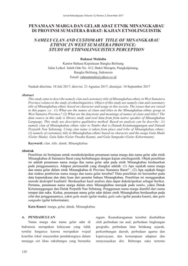 Penamaan Marga Dan Gelar Adat Etnik Minangkabau Di Provinsi Sumatera Barat: Kajian Etnolinguistik