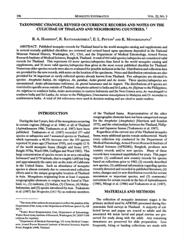 Taxonomic Changes, Revised Occurrence Records and Notes on the Culicidae of Thailand and Neighboring Countries