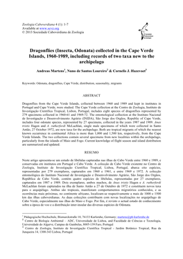 (Insecta, Odonata) Collected in the Cape Verde Islands, 1960-1989, Including Records of Two Taxa New to the Archipelago