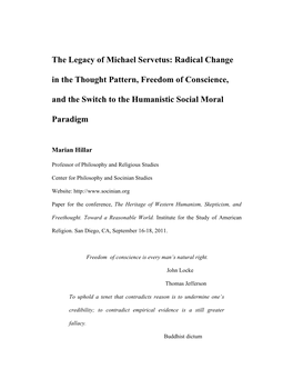 Legacy of Michael Servetus: Radical Change in the Thought Pattern, Freedom of Conscience, and the Switch to the Humanistic Social Moral