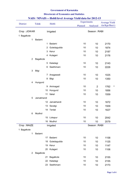 NAIS / MNAIS -- Hobli Level Average Yield Data for 2012-13 Experiments Average Yield District Taluk Hobli Planned Analysed (In Kgs/Hect.)