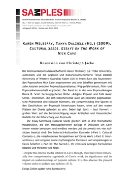 Cultural Seeds. Essays on the Work of Nick Cave, Hg. Von Karen Welberry