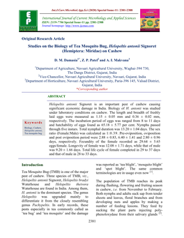 Studies on the Biology of Tea Mosquito Bug, Helopeltis Antonii Signoret (Hemiptera: Miridae) on Cashew