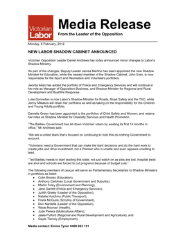 Media Release from the Leader of the Opposition