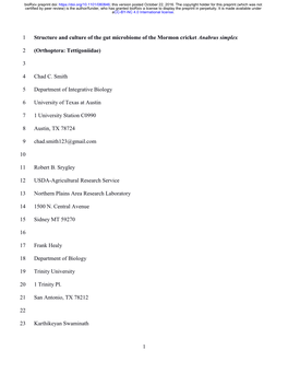 Structure and Culture of the Gut Microbiome of the Mormon Cricket Anabrus Simplex
