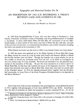 Epigraphic and Historical Studies No. 24 an INSCRIPTION of 1563 A.D. RECORDING a TREATY BETWEEN LAOS and a YODHYA in 1560 By