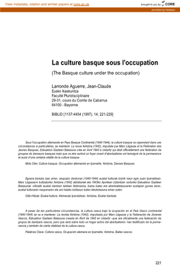 La Culture Basque Sous L'occupation. IN