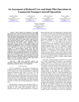 An Assessment of Reduced Crew and Single Pilot Operations in Commercial Transport Aircraft Operations