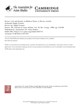 Art and Society in Modern China--A Review Article Author(S): Ralph Croizier Review By: Ralph Croizier Source: the Journal of Asian Studies, Vol