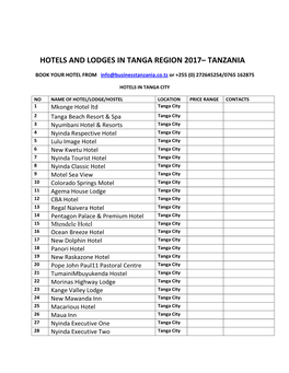 Hotels and Lodges in Tanga Region 2017– Tanzania