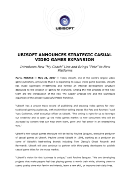 Ubisoft Announces Strategic Casual Video Games Expansion