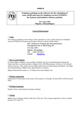 Training Workshop on the Software for the Calculation of Costs, Tariffs and Rates for Telephone Services (COSITU) for Eastern and Southern African Countries