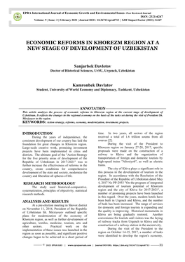 Economic Reforms in Khorezm Region at a New Stage of Development of Uzbekistan