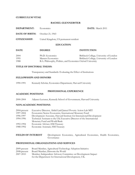 Curriculum Vitae Rachel Glennerster Department