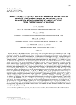 O20h20, a NEW DECAVANADATE MINERAL SPECIES FROM