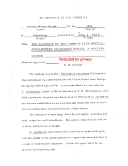 The Bionomics of the Cabbage Flea Beetle, Phyllotreta Cruciferae (Goeze), in Western Oregon