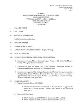 Agenda Monroe County Board of Commissioners Regular Meeting Tuesday, August 16, 2016 – 6:00 P.M