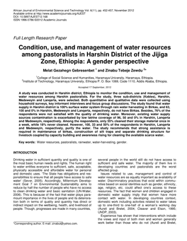 Condition, Use, and Management of Water Resources Among Pastoralists in Harshin District of the Jijiga Zone, Ethiopia: a Gender Perspective