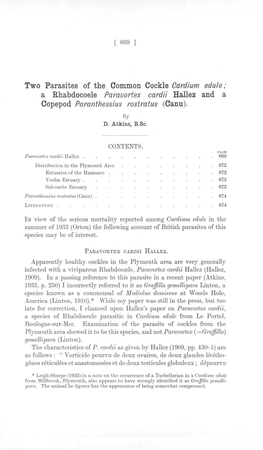 Two Parasites of the Common Cockle {]Ardium Edule; a Rhabdocoele Parauortex Cardii Ballez and a Copepod Paranthessius Rostratus (Canu)