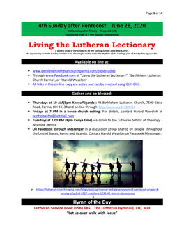 Living the Lutheran Lectionary a Weekly Study of the Scriptures for the Coming Sunday Since May 4, 2014