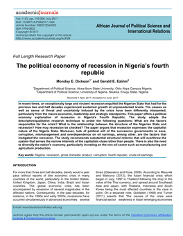 The Political Economy of Recession in Nigeria's Fourth Republic