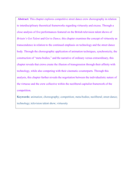 This Chapter Explores Competitive Street Dance Crew Choreography in Relation to Interdisciplinary Theoretical Frameworks Regarding Virtuosity and Excess