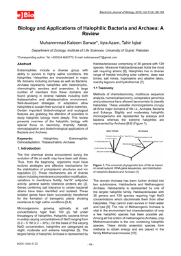 Biology and Applications of Halophilic Bacteria and Archaea: a Review Muhammmad Kaleem Sarwar*, Iqra Azam, Tahir Iqbal