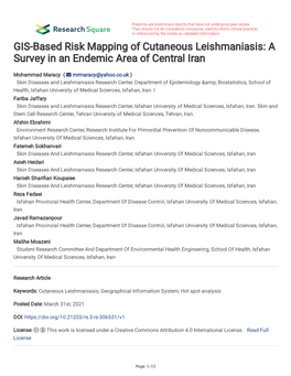 GIS-Based Risk Mapping of Cutaneous Leishmaniasis: a Survey in an Endemic Area of Central Iran