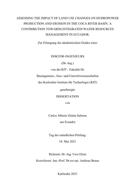 Assessing the Impact of Land Use Changes on Hydropower Production and Erosion in the Coca River Basin