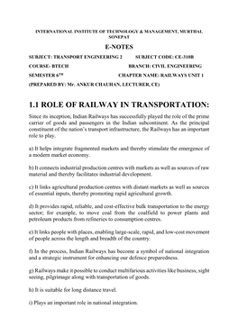 1.1 Role of Railway in Transportation