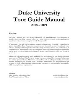 Duke University Tour Guide Manual Contains the Tour Guide Procedures, Facts, and Figures