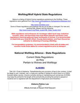 Wolfdog/Wolf Hybrid State Regulations