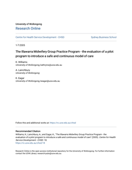 The Illawarra Midwifery Group Practice Program - the Evaluation of a Pilot Program to Introduce a Safe and Continuous Model of Care