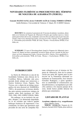 Novedades Florísticas Procedentes Del Término De Noguera De Albarracín (Teruel) Introducción Listado De Plantas