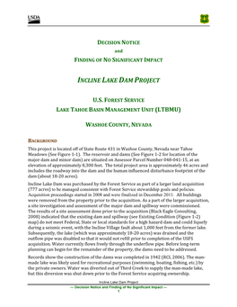 Incline Lake Dam Project Decision Notice and Finding of No Significant Impact