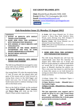 SAE GROUP BILAMBIL JETS Club Newsletter Issue 23, Monday 13 August 2012