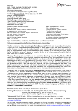 Premiere DER FERNE KLANG (THE DISTANT SOUND) Opera in Three Acts by Franz Schreker Libretto by the Composer Sung in German