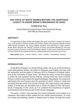 The Voice of White Women Before the Apartheid Legacy in Andre Brink’S Imaginings of Sand