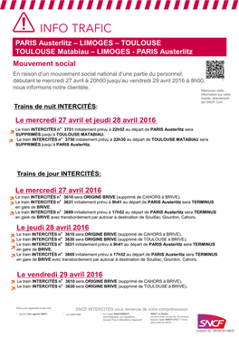 Prévisions Trafic SNCF 27, 28 Et 29 Avril 2016