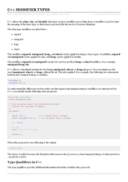 C++ MODIFIER TYPES Rialspo Int.Co M/Cplusplus/Cpp Mo Difier Types.Htm Copyrig Ht © Tutorialspoint.Com