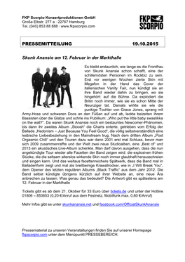 PRESSEMITTEILUNG 19.10.2015 Skunk Anansie Am