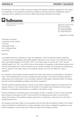 Sallmanns (Far East) Limited, an Independent Valuer, in Connection with Its Valuation As at June 30, 2006 of the Property Interests of the Group