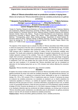 Effect of Tithonia Diversifolia Meal on Productive Variables in Laying Hens