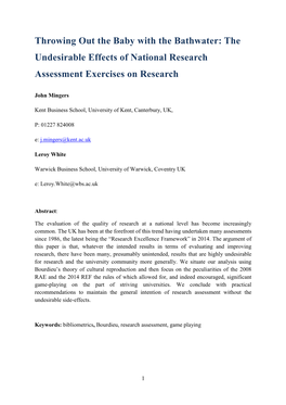 Throwing out the Baby with the Bathwater: the Undesirable Effects of National Research Assessment Exercises on Research