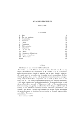 ANALYSIS LECTURES Contents 1. Sets 1 2. the Real Numbers 10 3